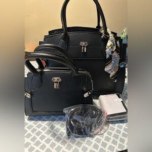 Sophisticated Black Satchel Three-Piece Set with Gold Hardware
